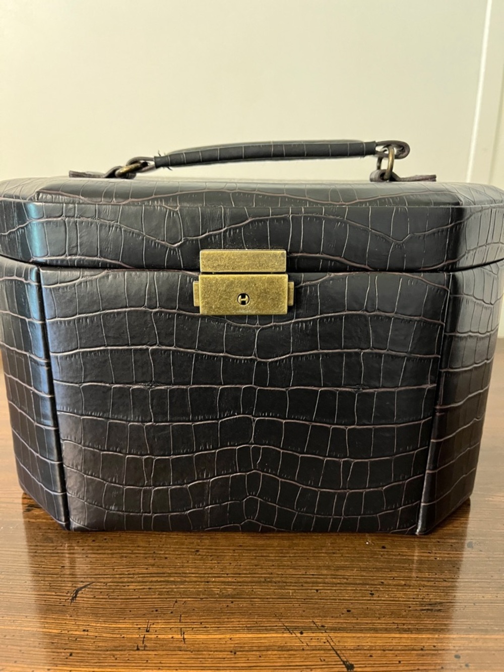 Croc-Embossed Black Travel Jewelry Case with Gold-Tone Lock